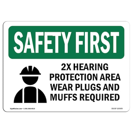 OSHA SAFETY FIRST Sign, 2X Hearing Protection Area Ear W/ Symbol, 24in X 18in Rigid Plastic